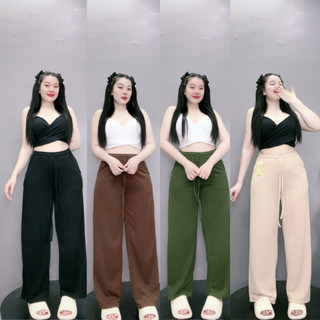 Quần thun ống rộng big size nữ dây rút eo chun chất vải gân tăm co giãn thoải mái màu sắc basic  dễ phối đồ Q20