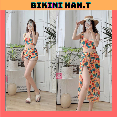 BIKINI.ĐỒ BƠI ĐI BIỂN,BA MẢNH IN HOA MỚI SANG CHẢNH ,HOA CAM, HAN.T SHOP BKN43