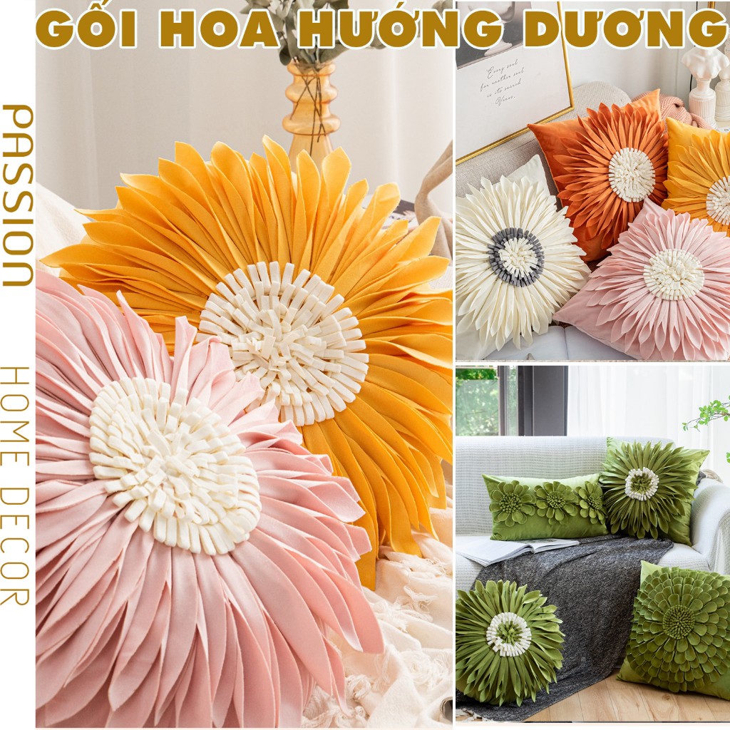 Vỏ Gối Tựa Lưng, Gối Sofa Đính Hoa Hướng Dương Sang Trọng
