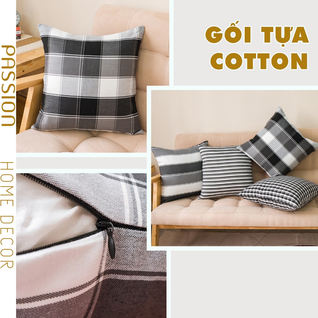 Vỏ Gối Tựa Lưng  Sofa Cotton Họa Tiết Sọc Caro Vintage