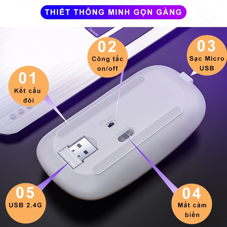 Chuột bluetooth DEIOG Q7 phiên bản 5.0 DPI 1600 led RGB tích hợp sạc pin dùng lâu chống ồn silent