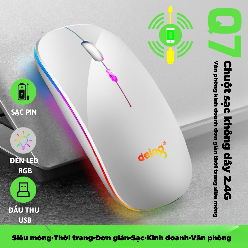 Chuột bluetooth DEIOG Q7 phiên bản 5.0 DPI 1600 led RGB tích hợp sạc pin dùng lâu chống ồn silent