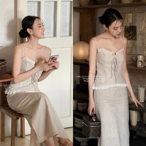 SET ÁO LINEN 2 DÂY XẾP NGỰC PHỐI REN BÈO NGỰC + CHÂN VÁY KEM SUÔNG MIDI