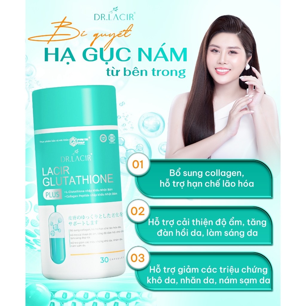 Viên Uống Glutathione 600 Dr Lacir Hộp 30 viên, Giúp Trắng Da, Ngừa Nám, Cân Bằng Nội Tiết Tố Nữ