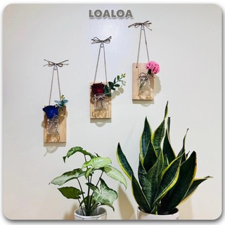 Bảng gỗ treo tường kèm lọ hoa, Kệ gỗ kèm bình thuỷ tinh treo tường decor phòng LOALOAHOME
