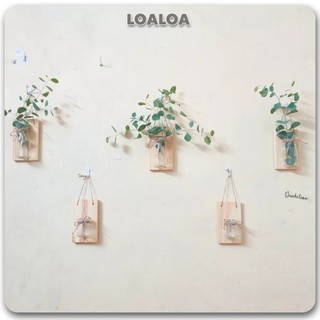 Bảng gỗ treo tường kèm lọ hoa, Kệ gỗ kèm bình thuỷ tinh treo tường decor phòng LOALOAHOME