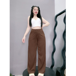 Quần ống rộng bigsize nữ lưng thun có dây rút dáng quần suông dài chất gân tăm mềm mịn Q20