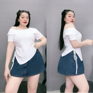 Áo trễ vai bigsize nữ cổ thuyền xẻ tà chéo nhọn chất gân tăm mềm mịn nữ tính cho nàng Chubby G213
