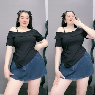 Áo trễ vai bigsize nữ cổ thuyền xẻ tà chéo nhọn chất gân tăm mềm mịn nữ tính cho nàng Chubby G213