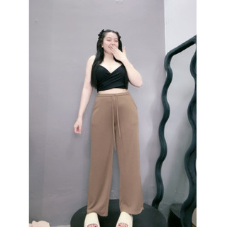 Quần ống rộng bigsize nữ lưng thun có dây rút dáng quần suông dài chất gân tăm mềm mịn Q20