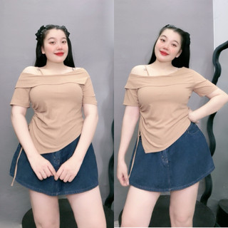 Áo trễ vai bigsize nữ cổ thuyền xẻ tà chéo nhọn chất gân tăm mềm mịn nữ tính cho nàng Chubby G213