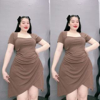 Đầm bigsize cổ nữ hoàng tay ngắn tà váy chéo tôn dáng chất thun gân co giãn cho bạn 60kg-96kg G658