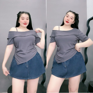 Áo trễ vai bigsize nữ cổ thuyền xẻ tà chéo nhọn chất gân tăm mềm mịn nữ tính cho nàng Chubby G213