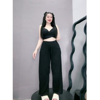 Quần ống rộng bigsize nữ lưng thun có dây rút dáng quần suông dài chất gân tăm mềm mịn Q20