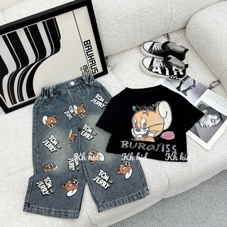Bộ bé gái,Sét áo cotton quần jean ông xuông hoạ tiết chuột jerrry cho bé gái
