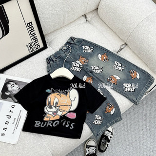 Bộ bé gái,Sét áo cotton quần jean ông xuông hoạ tiết chuột jerrry cho bé gái