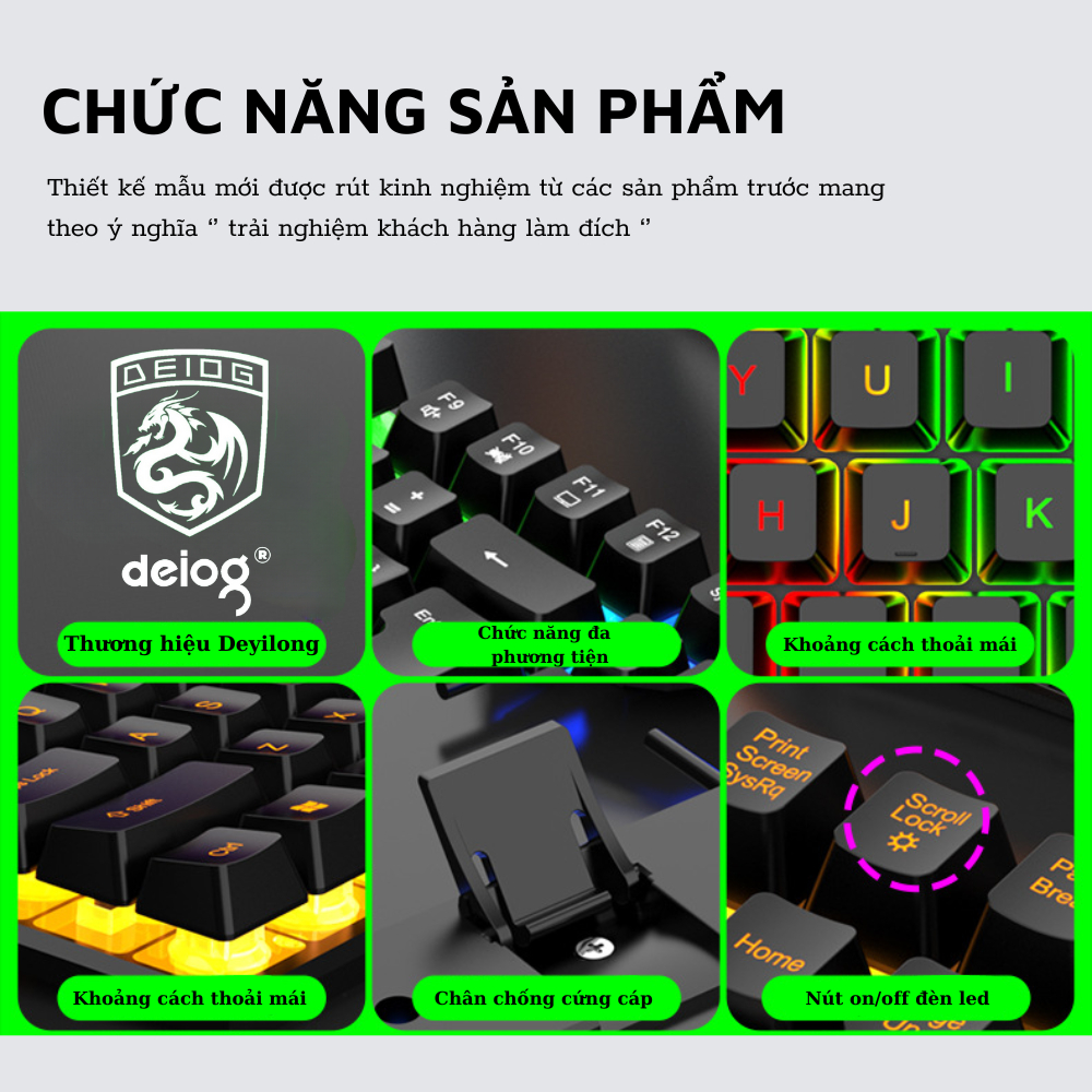 Bàn Phím Máy Tính DEIOG DY-707 Gaming LED 7 Màu Chống Nước Chơi Game LMHT Đột Kích PUBG Chính Hãng