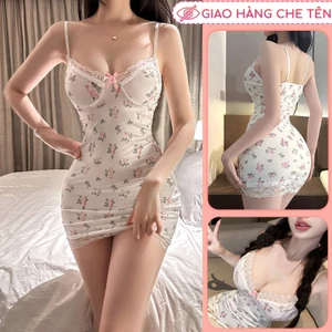 Đầm ngủ bodycon 2 dây dáng ngắn mini hoa nhí viền ren xẻ ngực kèm đệm ngực gợi cảm