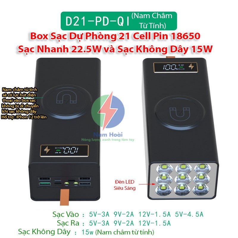 Box sạc dự phòng 21 cell pin 18650 có LED siêu sáng, sạc nhanh QC/PD 3. ...