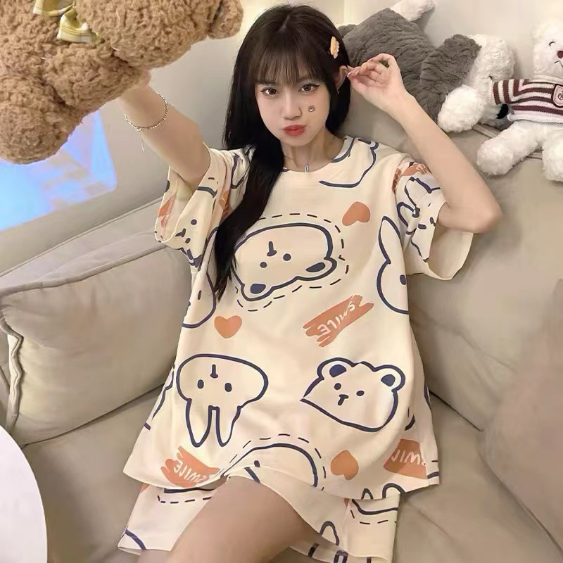 Đồ bộ nữ mặc nhà mùa hè cộc tay form rộng vải thun quần lửng dễ thương