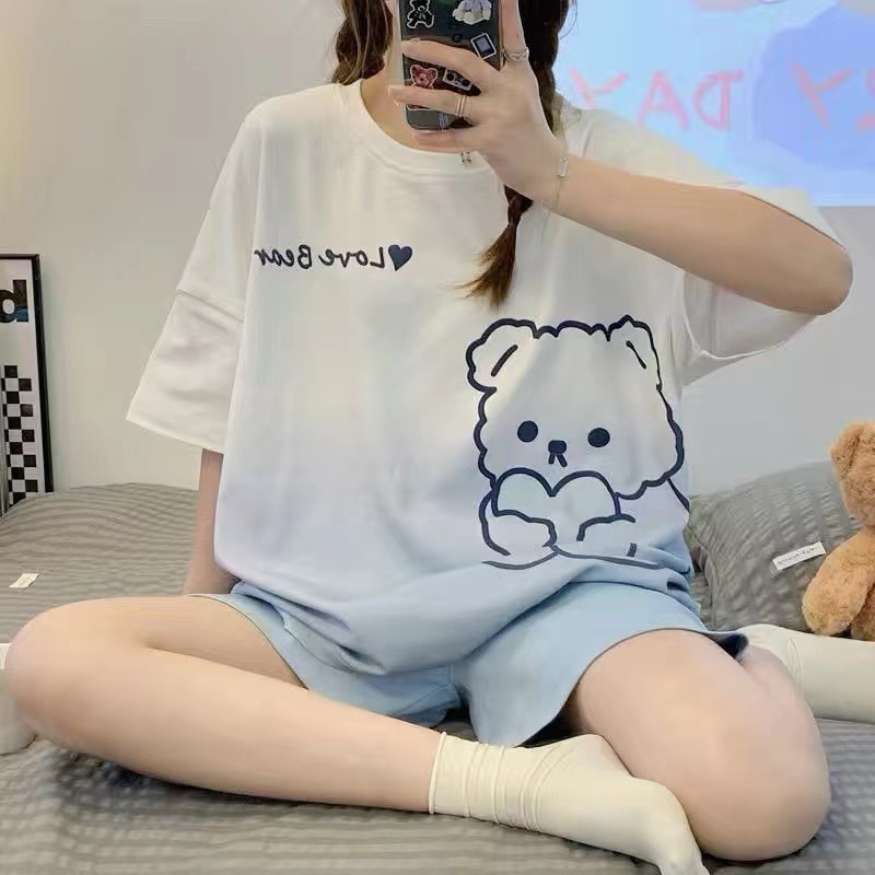 Đồ bộ nữ mặc nhà mùa hè cộc tay form rộng vải thun quần lửng dễ thương