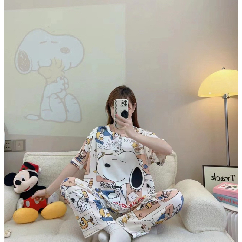 Đồ bộ ngắn tay quần dài đồ ngủ nữ Bộ Đồ Ngủ Tay Ngắn In Họa Tiết Hoạt Hình Dễ Thương Cho Nữ