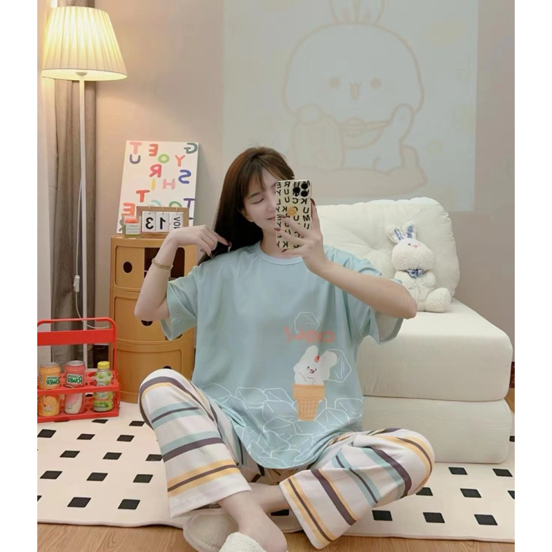 Đồ bộ ngắn tay quần dài đồ ngủ nữ Bộ Đồ Ngủ Tay Ngắn In Họa Tiết Hoạt Hình Dễ Thương Cho Nữ