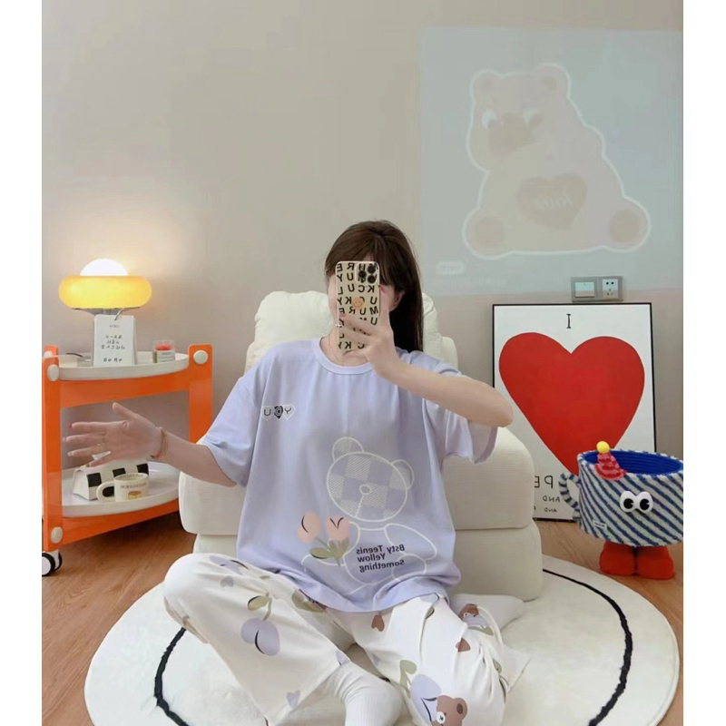 Đồ bộ ngắn tay quần dài đồ ngủ nữ Bộ Đồ Ngủ Tay Ngắn In Họa Tiết Hoạt Hình Dễ Thương Cho Nữ