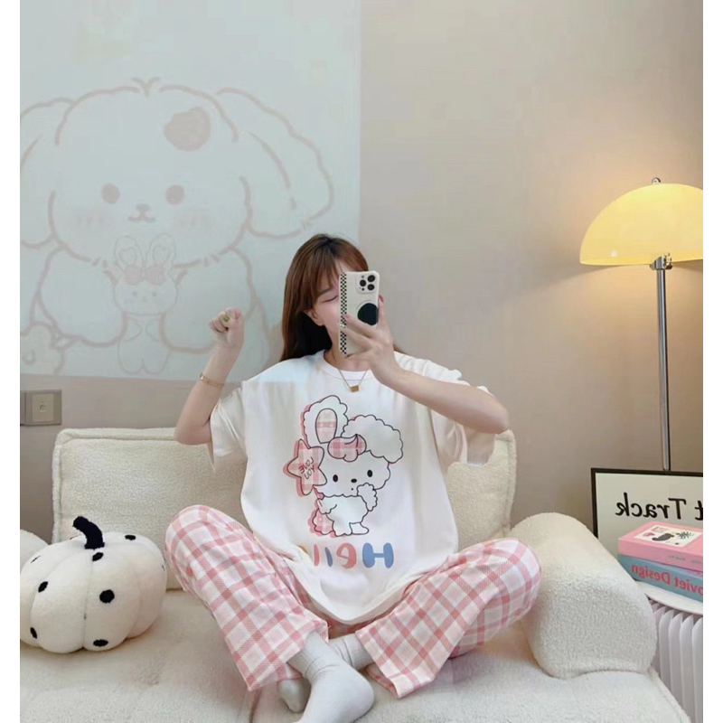 Đồ bộ ngắn tay quần dài đồ ngủ nữ Bộ Đồ Ngủ Tay Ngắn In Họa Tiết Hoạt Hình Dễ Thương Cho Nữ