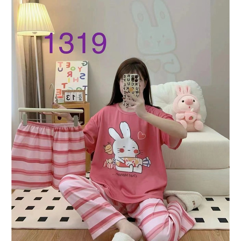 Set 3 món bộ đồ ngủ áo ngắn tay quần dài tặng kèm quần ngắn
