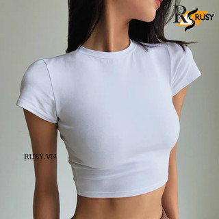 Áo Croptop Nữ Tay Ngắn Cổ Tròn Chất Thun Co Giãn Ôm Body Tôn Dáng Trơn Basic Dễ Phối Đồ TN02 Rusy