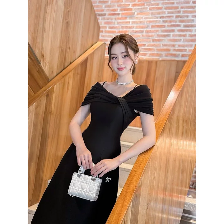 Váy Dự Tiệc Sang Trọng, Váy Tiệc Đen Thiết Kế Dáng Dài, Váy Trễ Vai Thanh Lịch Sang Chảnh ELENA A79