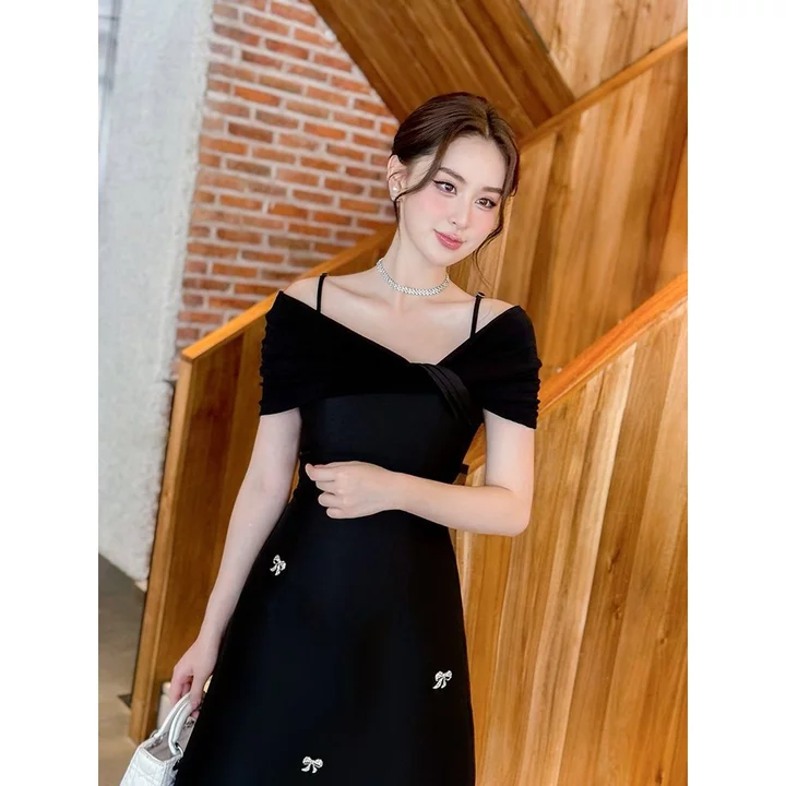 Váy Dự Tiệc Sang Trọng, Váy Tiệc Đen Thiết Kế Dáng Dài, Váy Trễ Vai Thanh Lịch Sang Chảnh ELENA A79