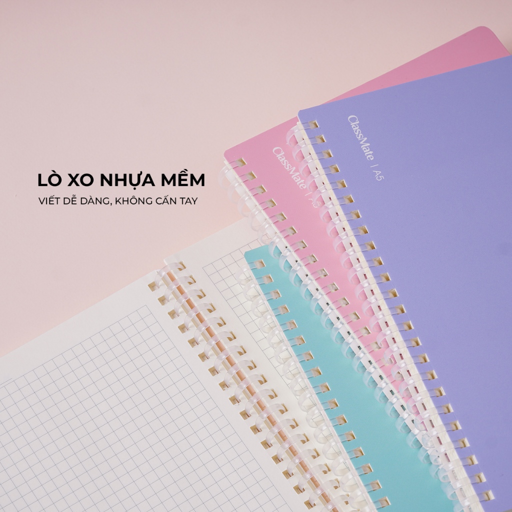 Sổ Lò Xo Nhựa Mềm 100GSM Tỳ Lên Không Đau Tay Dòng Kẻ Caro 5mm, Sổ 150 Trang Sổ B5/A5 Thiết Kế Macarons Tập Vở Classmate