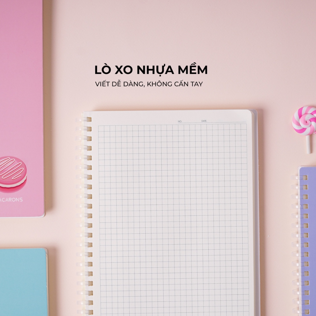 Sổ Lò Xo Nhựa Mềm 100GSM Tỳ Lên Không Đau Tay Dòng Kẻ Caro 5mm, Sổ 150 Trang Sổ B5/A5 Thiết Kế Macarons Tập Vở Classmate