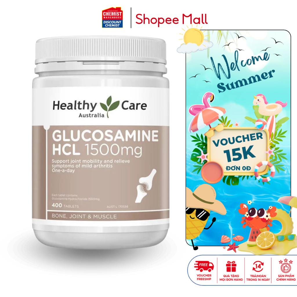 Giảm đau nhức xương khớp Healthy Care Glucosamine HCL 1500mg 400 viên