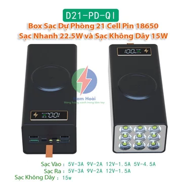 Box sạc dự phòng 21 cell pin 18650 sạc nhanh QC,PD 3.0 22.5W, sạc nhanh không dây 15W Nam Châm Từ Tính (Không gồm pin)