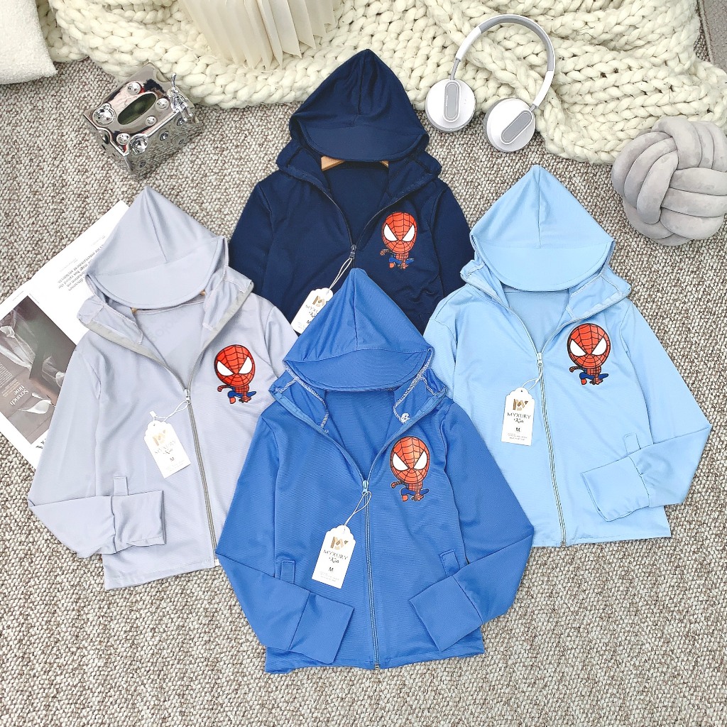 Áo chống nắng cho bé họa tiết Spiderman siêu đẹp, áo chống nắng cho bé trai có mũ cứng trùm đầu từ 10-35kg