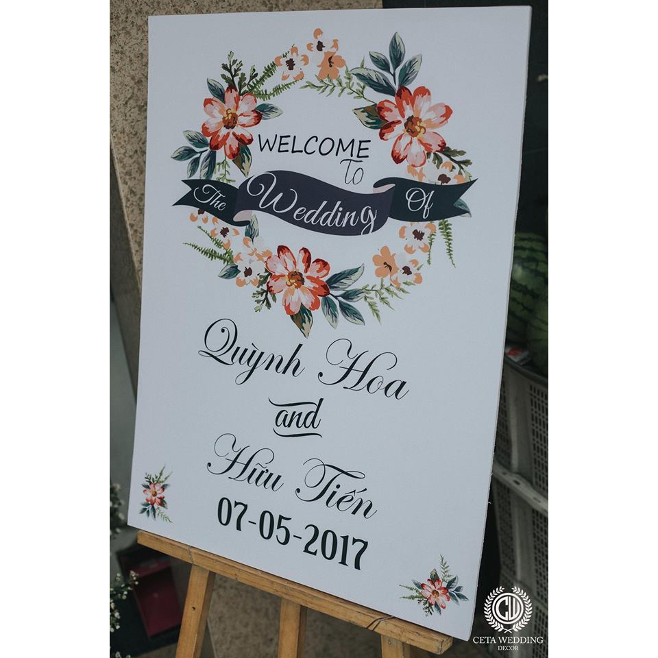 Bảng Welcome Trang Trí Đám Cưới - Mẫu Chữ Nhật 01 Hoa Lá Oval