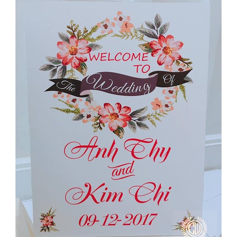 Bảng Welcome Trang Trí Đám Cưới - Mẫu Chữ Nhật 01 Hoa Lá Oval