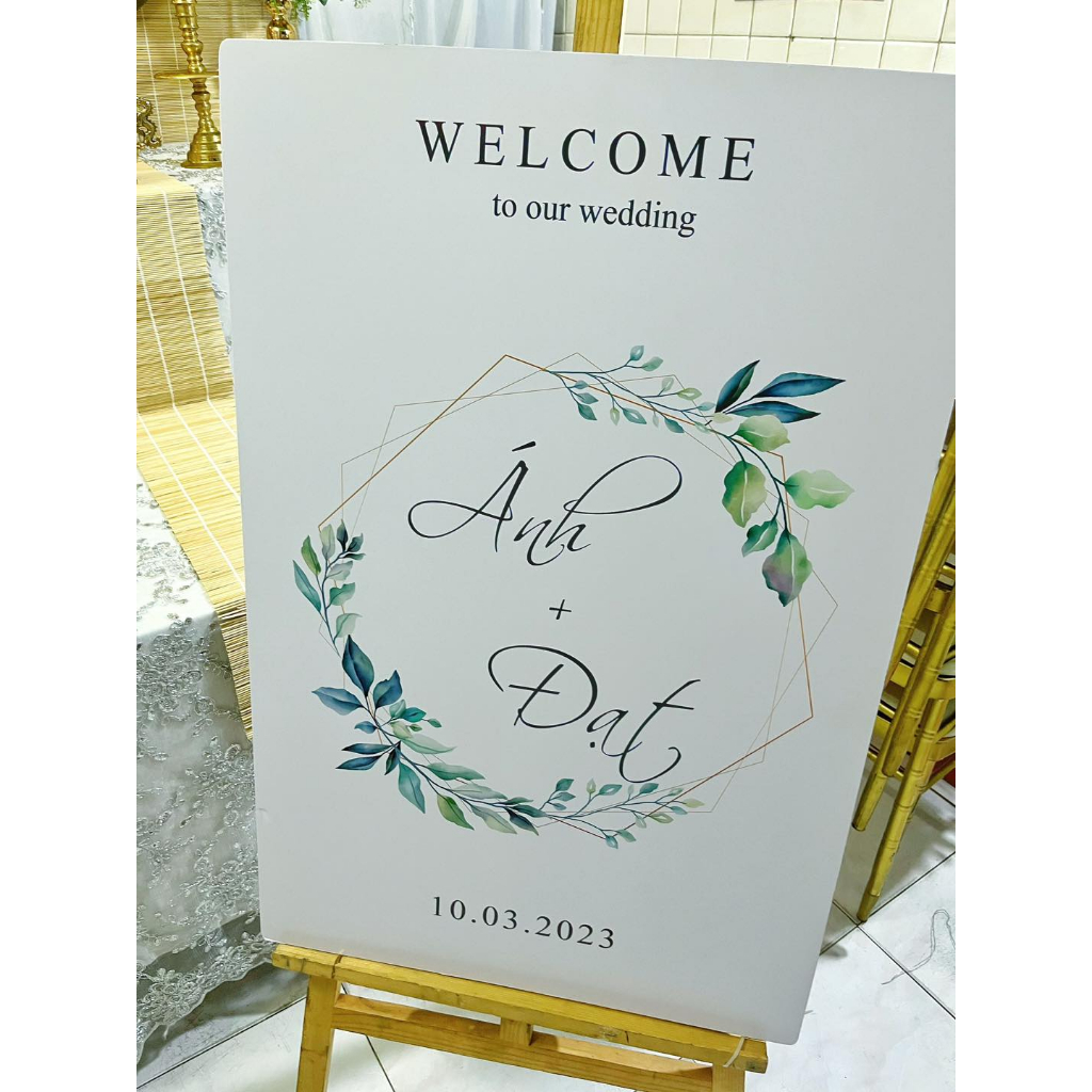 Bảng Welcome Trang Trí Đám Cưới - Mẫu Chữ Nhật 01 Hoa Lá Góc