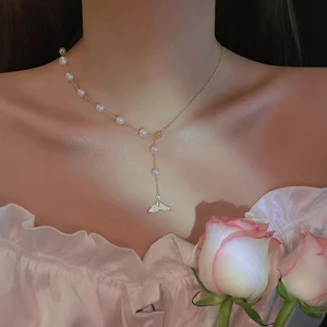 Vòng Cổ Mặt Hình Nơ Đính Đá Pha Lê Lấp Lánh Thời Trang Hàn Quốc, Dây Chuyền Ngọc Trai Nữ Sang Trọng