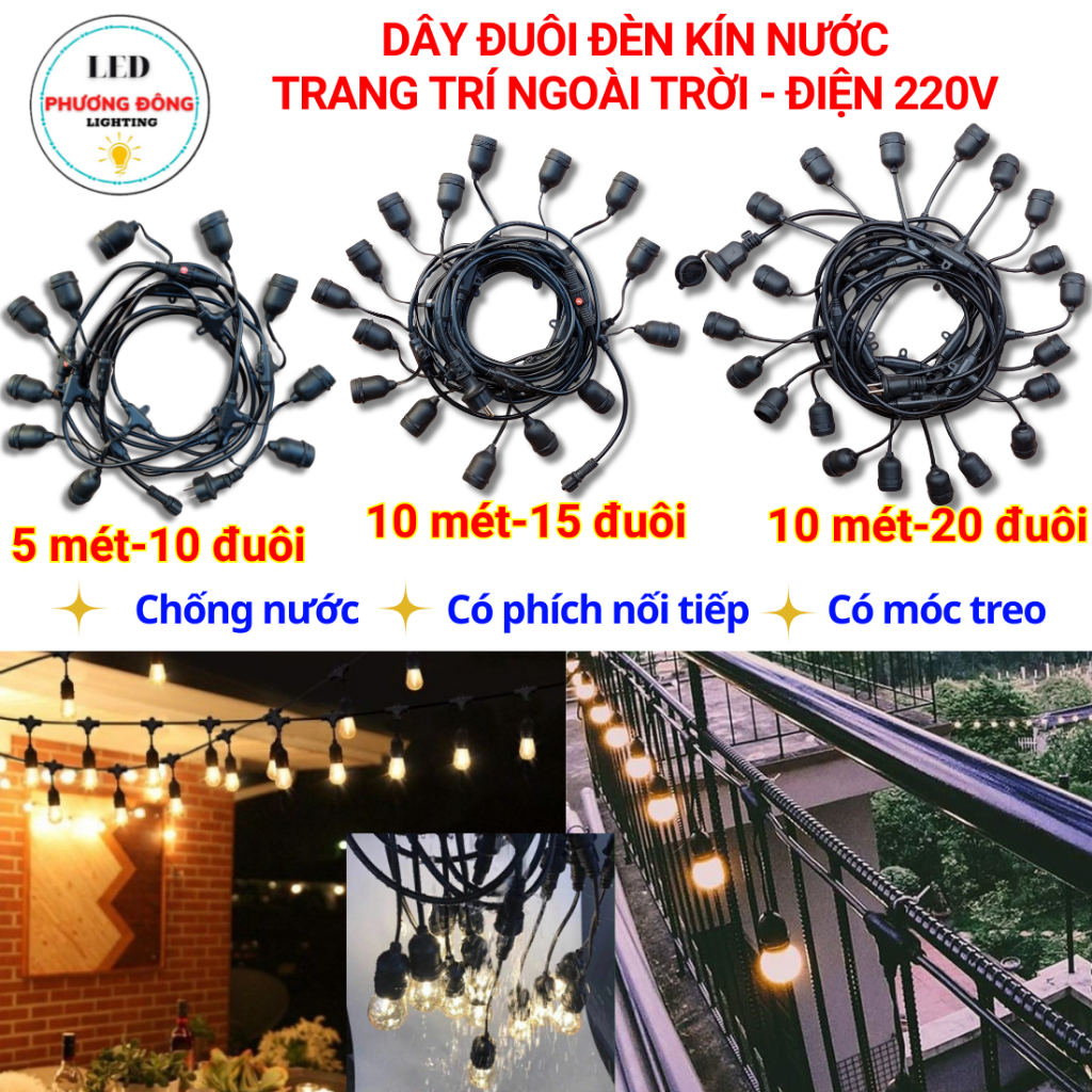 Dây đuôi đèn kín nước trang trí ngoài trời 220V