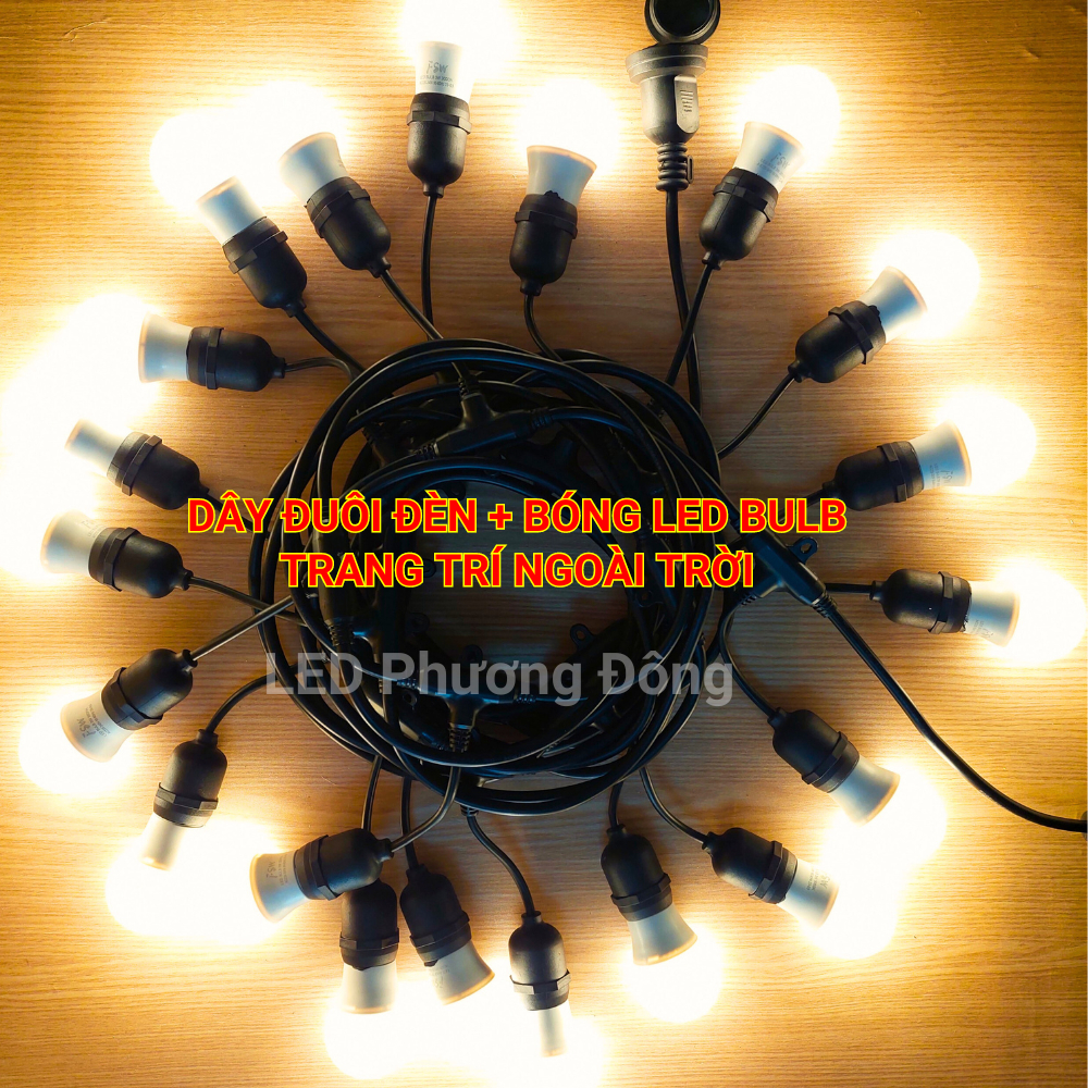 Dây đuôi đèn kín nước trang trí ngoài trời 220V Kèm Bóng LED BULB 3W  Trắng - Vàng Nắng
