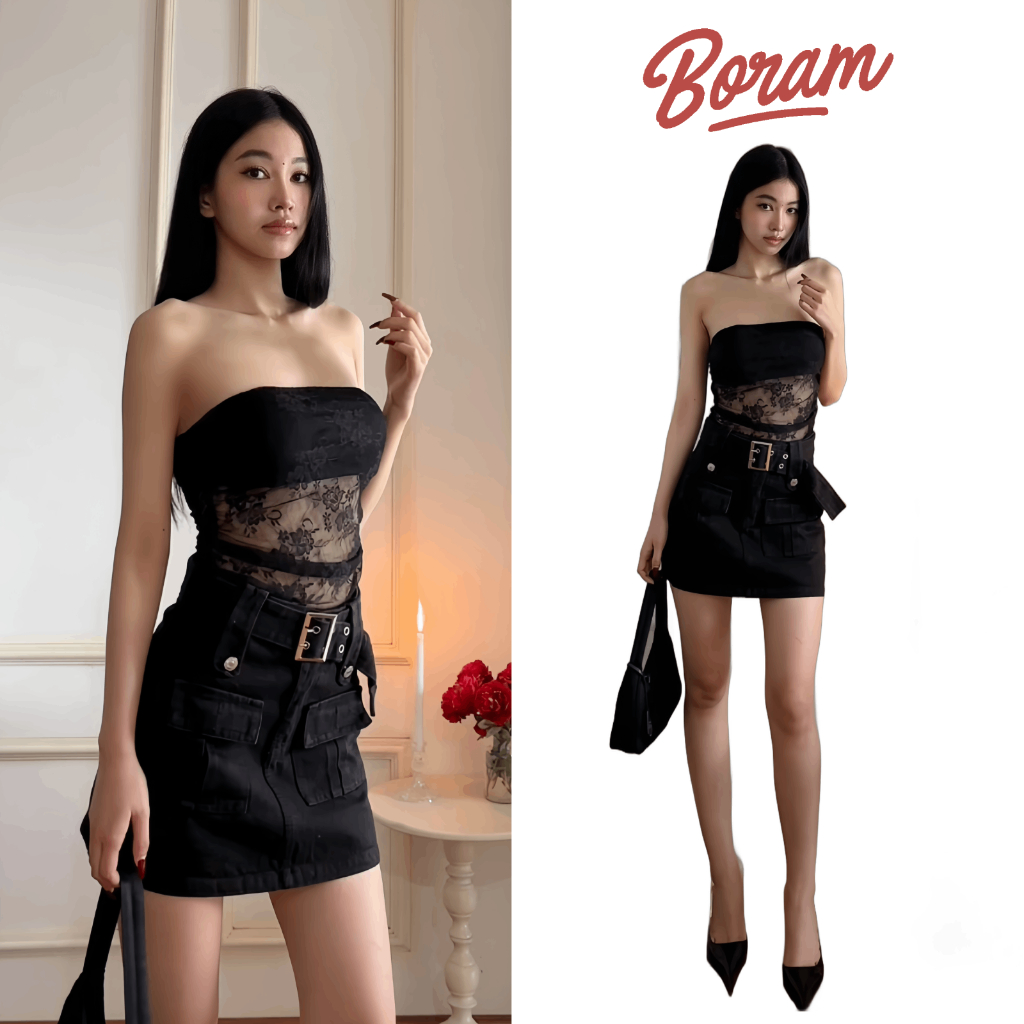 Chân váy túi hộp kaki nữ thắt lưng bản to BORAM SG (có quần trong)