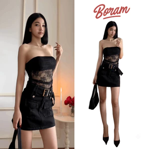 Chân váy túi hộp kaki nữ thắt lưng bản to BORAM SG (có quần trong)