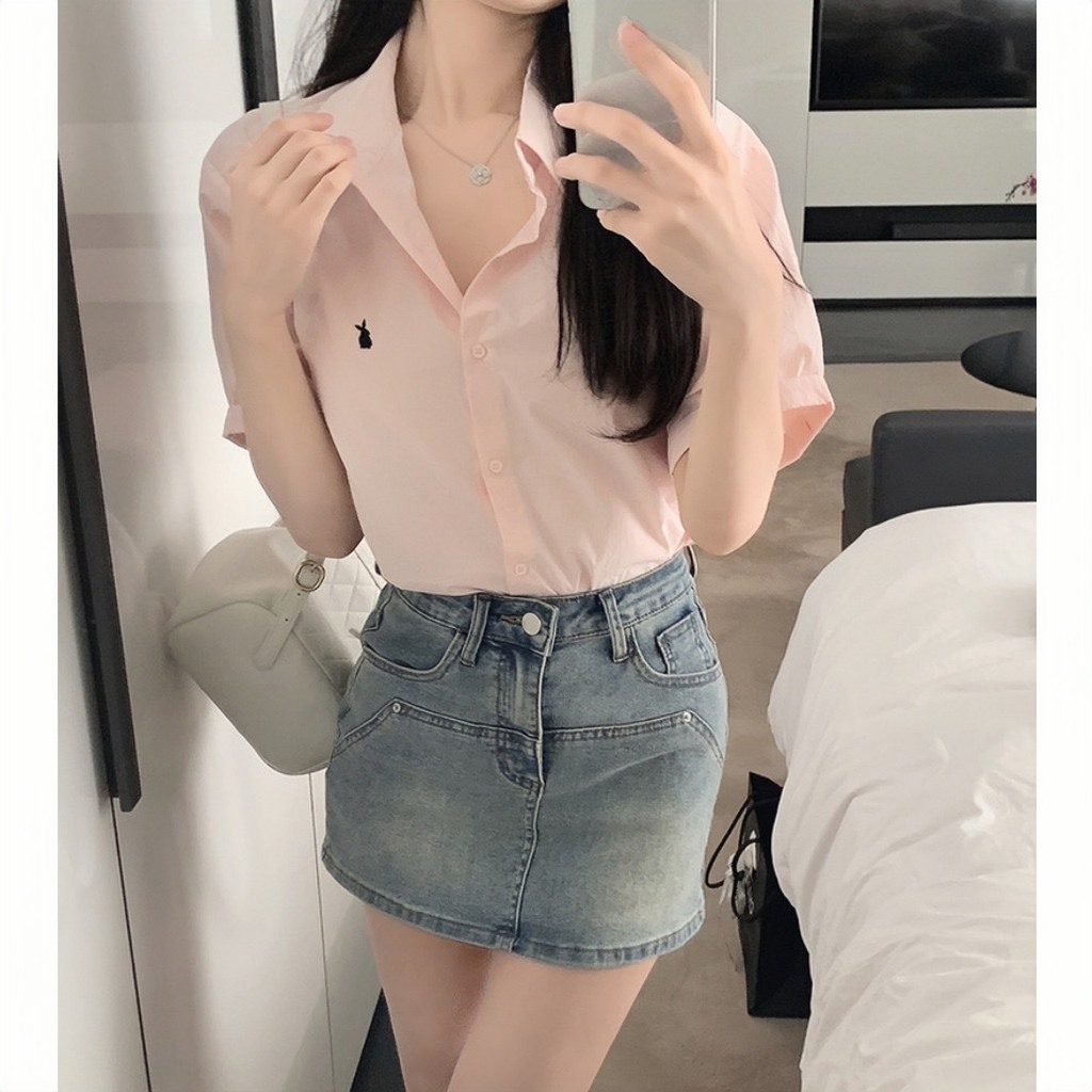 Áo sơ mi nữ form rộng thêu kiểu chất thô đũi , áo sơ mi nữ ngắn tay ulzzang vintage phong cách hàn quốc cáo cấp
