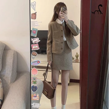Set dạ N&L Clothing Áo khoác dạ Chân váy ngắn Áo khoác croptop Váy douyin Chân váy chữ a Set dạ tiểu thư màu nâu S027