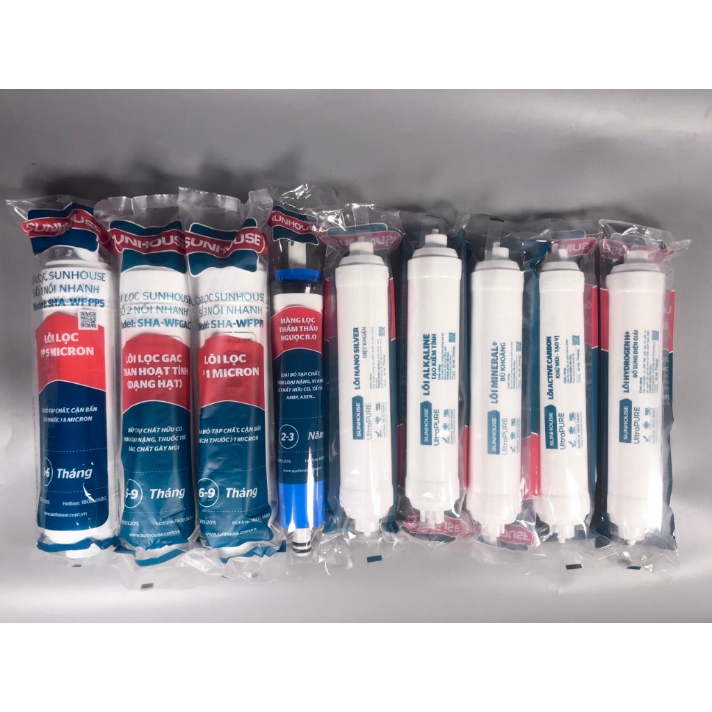 Trọn bộ 9 lõi lọc cho máy lọc nước RO nóng lạnh Slimbo SHA76214CK-S