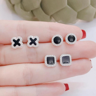 bông tai nữ , sơn đen , bạc ta , viền đính đá - jena sliver